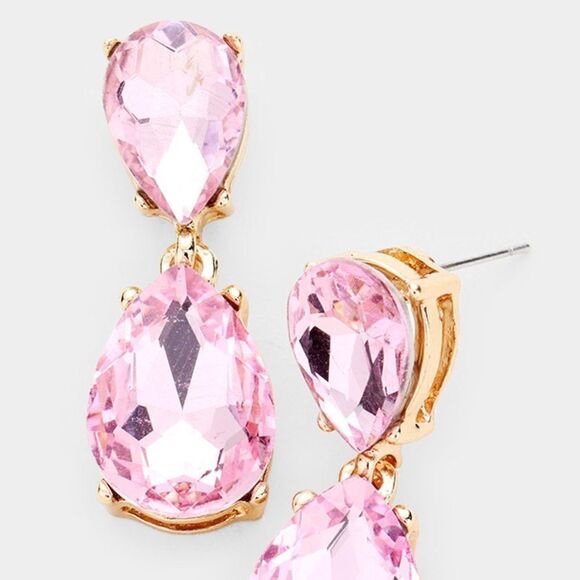 Pink Crystal Double Teardrop Gold Earrings - Picture 2 of 5